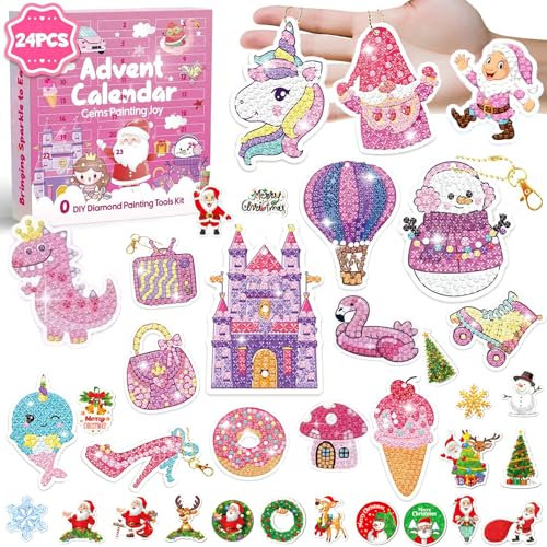 74 Stück Adventskalender 2025 Diamond Painting,Mädchen Diamond Painting Weihnachten Basteln, Anhänger Diamant Malerei Schlüsselanhänger,50Stück Aufkleber Weihnachten 24 Tage Überraschung Geschenke