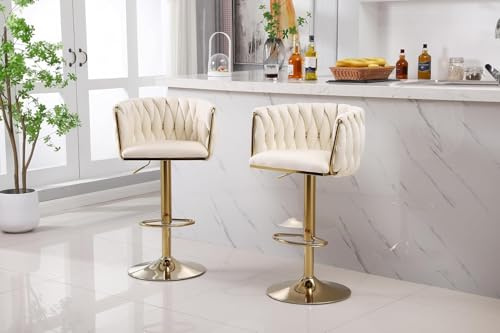 Modern Set Of 2 bar Stools - 360 Degree Swivel Bar Stool With Gold Base Adjustable Counter Height Velvet Kitchen Island Chairs For Living Room, Kitchen, Cafe Pub Barstools (Cream)
