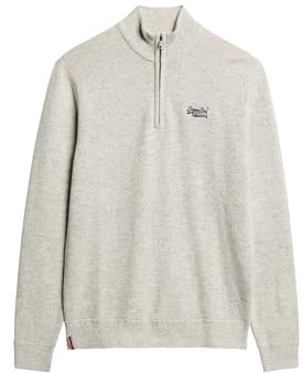 Superdry Herren Essential Strickpullover mit Halbreißverschluss und Stickerei Sportlich Grau Meliert S