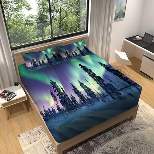 Spannbettlaken Sternenhimmel Nordlichter 180 x 200 cm, Farbe Bedding 3er Set Spannbettlaken Kommt mit 2 Kissenbezügen Gebürstete Mikrofaser Spannbetttuch 30 cm Tiefe Tasche