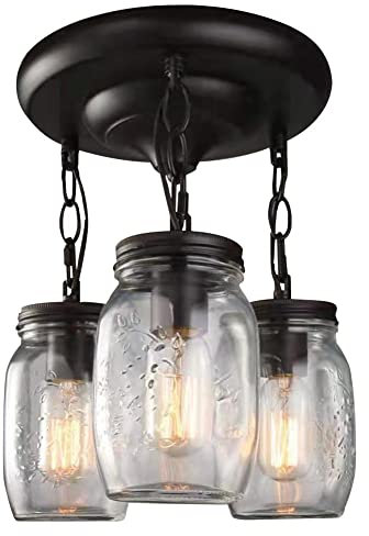 Rustic 3-Light Industrial Cluster Pendant Lights - Black Hanging Lamp, With Clear Glass Mason Jar, For Modern Kitchen Island, Living Room And Bedroom Decor - Chandeliers