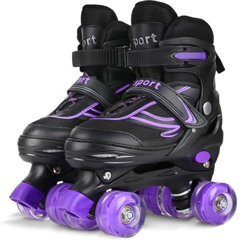 LOKJIJI Kids Roller Skates for Girls Boys Children Beginners, Adjustable 4 Sizes Quad Roller Skates for Kids and Youth with Light Up Wheels for Sports, Black & Purple