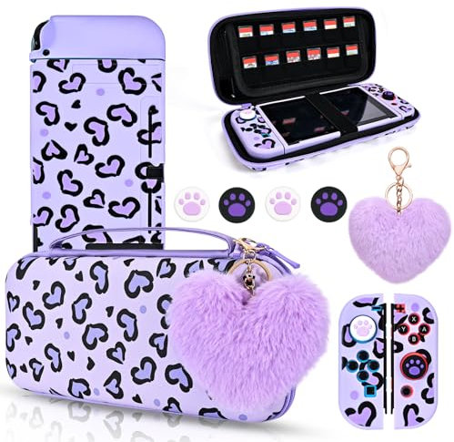 DLseego Étui de Transport pour Switch,Housse de Transport et Coque Souple pour Switch, avec 4 Capuchon Joystick Switch, 1 Breloque en Peluche en Forme de Coeur, Violet Switch
