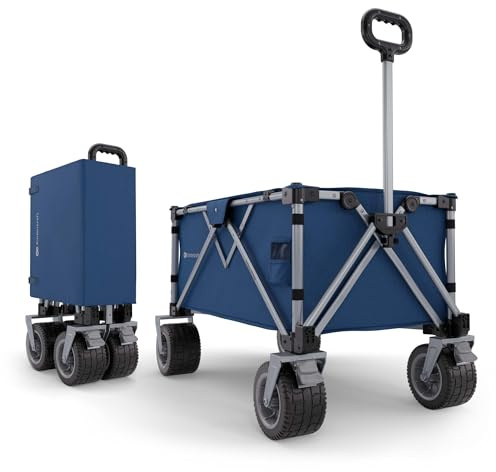 Kinderkraft ROLLSTER, Foldable wagon, 100 kg load capacity, 130 l volume, sturdy steel frame, Oxford 600D fabric, large all-terrain wheels, telescopic handle, compact, easy to transport, Blue