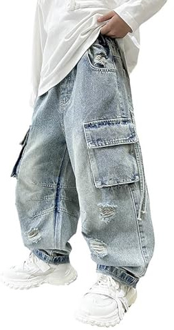 Jeans Kids Boys Age 4-14 Years Denim Trendy Baggy School Trousers Teen Boys Waist Tightener Elastic Loose Fit Comfy Stretchy Winter Spring Casual Vacation Pants