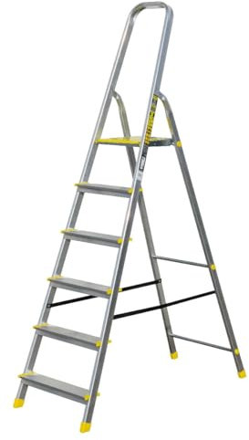 Bayersystem BS-DA6 150 Trittleiter mit 6 Stufen, Aluleiter, bis 150 kg belastbar, max. Arbeitshöhe 3,21 m, Klapptrittleiter mit Handlauf, Anti-Rutsch-Füße, Klapptritt für Haushalt, Silber/Gelb