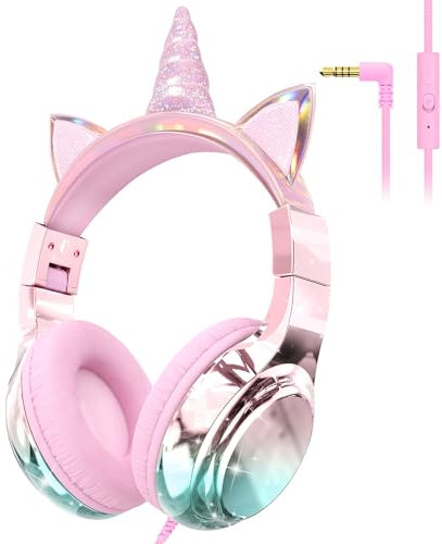 QearFun Kids Unicorn Headphones Wired with Mic, 85/94dB Safe Volume Limit, Sparkly Wired Headset, Foldable, Sharing Port & Tangle-Free Cord for School, Chromebook, Tablet, Travel, Boys & Girls