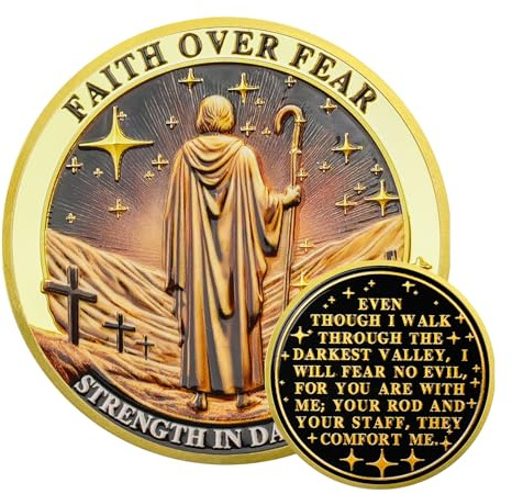 AtSKnSK Christliche Gedenkmünze, Psalm 23,4 Bibelvers, Glaubensmünze | Faith Over Fear aus Zinklegierung mit Goldoptik, Ermutigungsgeschenk für Christen, Männer & Frauen