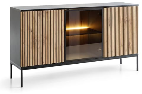 Laval K154 - Kommode, Eiche Wotan, Schwarz mit Keder, Breite 154 cm, Höhe 83 cm, Tiefe 39 cm