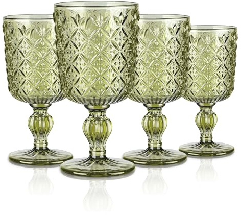 Joeyan 300ml Bicchieri acqua Vetro Verde Calici, 4 pezzi Colorati Bicchieri Decorati Vetro in Rilievo,Vintage Calici Vino Rosso/Bianco per Cocktail aperitivo Liquore Grappa,Lavabile in Lavastoviglie