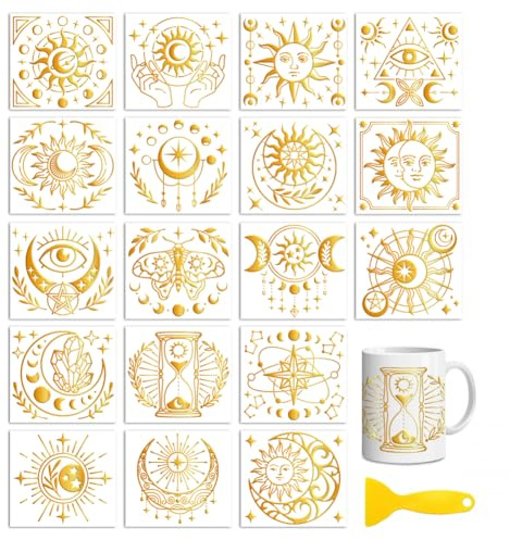 Peacoblue Rub on Aufkleber,Goldene Sonne und Mond Transfersticker UV DTF | 18 Blatt wasserfeste UV DTF sticker Rub On Folien für Holz, Glas, Metall, Becher, Spiegel und DIY Wohndekoration