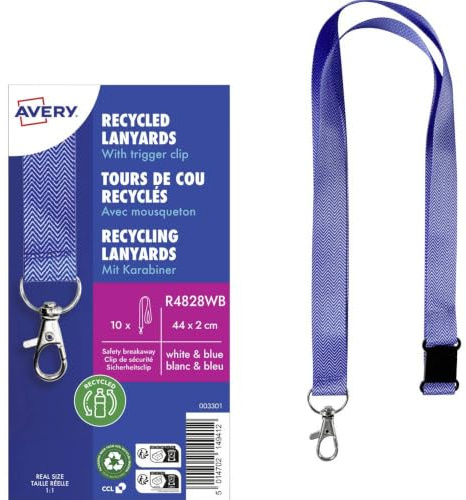 AVERY Zweckform R4828WB Schlüsselband 10 Stück (44x2cm, Lanyard, Kartenhalter mit Karabinerhaken/Sicherheitsverschluss, für Ausweishülle, Kartenhülle, Namenschilder, Umhängeband, Nackenband) blau-weiß