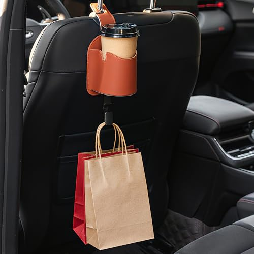 Qirc Car Seat Back Cup Holder, Multifunctional PU Leather Auto Storage Organizer with Headrest Hook, 3 in 1 Universal Car Hanging Drink Holder for Purse Phone Handbag Grocery Bags (Orange)