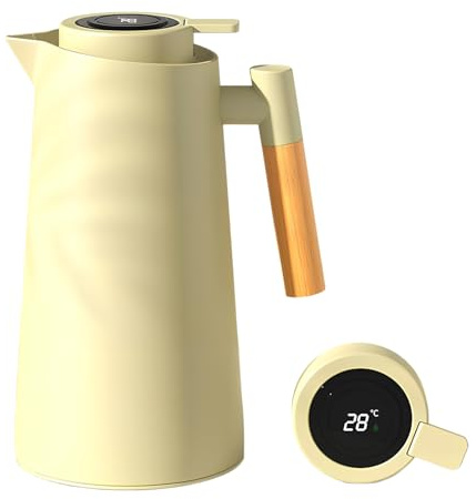 Colexy Jarra Térmica de Café 1L, Tetera Cafe al Vacío Doble Pared con Revestimiento Vidrio Termo Café Aislado con Mango de Madera, Mantiene el Frío Caliente para Cafe Té Agua (Verde)