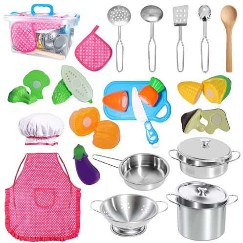 Kinderküche Zubehör Holz, 23-teiliges Spielküche Zubehör Set mit Edelstahl Töpfen & Schneidegemüse | Kochset, Puppenküche Zubehör & Lernspielzeug für Kinder ab 3 Jahre, Jungen Mädchen Geschenk