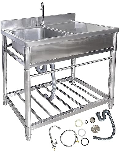 Évier utilitaire extérieur en acier inoxydable 304, lave-mains, sur pied, à une cuve avec égouttoir et étagères de rangement, idéal pour garage, restaurant ou buanderie. Dimensions : L 100 cm x l 51