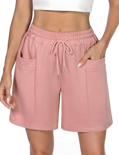 Demegimi Women's Sports Shorts with Deep Pockets High Waisted Summer Sweat Shorts for Gym Soft Breathable Running Shorts Ladies Casual Lounge Bottoms