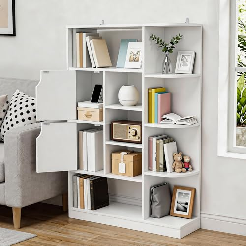 YITAHOME Freistehendes Bücherregal mit 9 offenen Regalböden und 2 Türen (Stoffbezug) für Wohnzimmer, Schlafzimmer, Büro, Weiß, 80 × 24 × 120 cm (B × T × H)