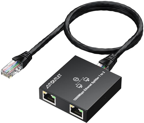 AUTOUTLET LAN Splitter 1 auf 2, Gigabit Ethernet Splitter Plug & Play | 1000Mbps LAN Switch 2 Port, inkl. 1m USB-Kabel & 0,5m Ethernet Kabel, Metall Gehäuse, LED-Anzeige, für Computer Hub Router TV