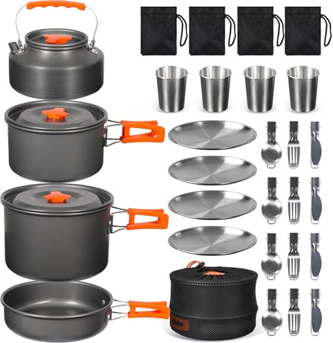REDCAMP 23 PCS Camping Cookware Set for Family, Compact & Folding Backpacking Cookset for 4-5 Persons, Anodized Aluminum Lightweight Camping Pots and Pans Set