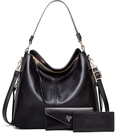 BestoU Sac a Main Femmes PU Cuir Sac à Bandoulière D'épaule Fourre-Tout Portefeuille 3pcs Set (Noir)