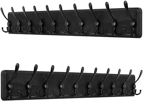 SKOLOO Coat Rack Wall Mounted - 38.3'' Long, Pack of 2, Wooden, Heavy Duty, Rustic Coat Hooks for Wall, Wall Coat Rack with 10 Triple Hooks for Hanging Clothes, Jacket, Hat(Black)