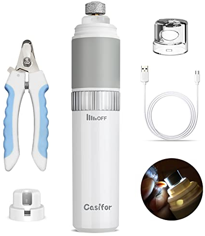 Casifor Krallenschleifer, Krallenschere mit LED Licht 40 dB super-leise Lärm Nagelschleifer für Kleine, mittlere und große Hunde und Katzen mit Staubabsauger, 2000mA (Weiß)