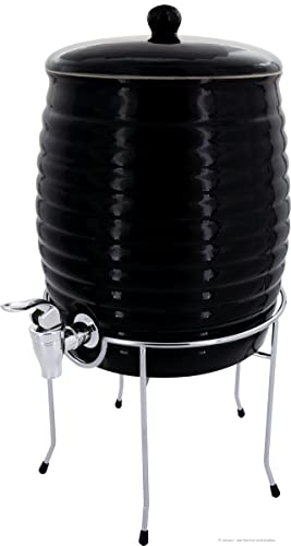 KERAZO Keramik Getränkespender, Fass, Rumtopf, Gefäß zur Fermentation von Kombucha, Essig und Öl inkl. Zapfhahn & Topfständer 6,0L, schwarz