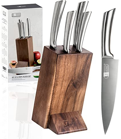 JF JAMES.F Knife Set, 6 Piece Kitchen Knife Set with Wooden Block Super Sharp Stainless Steel Knife Sets for Kitchen with Block
