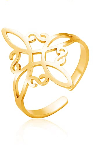 Dreamtimes Hexenknotenring für Frauen Edelstahl verstellbar offene Fingerringe keltischer quaternärer Wicca-Hexenknotenring Hexerei Amulett Schmuck Geburtstagsgeschenk (Gold)