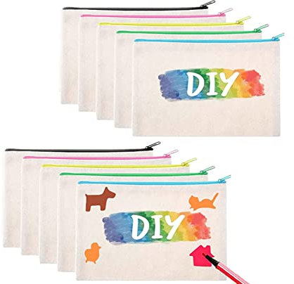 Lukione DIY Stoffbeutel zum Bemalen,12 Stücke Federmäppchen zum Bemalen,Kleines Federmäppchen,Tasche zum Bemalen Kinder,Segeltuch Kosmetiktasche, Stoffbeutel Klein für Schule Arbeit Reisen