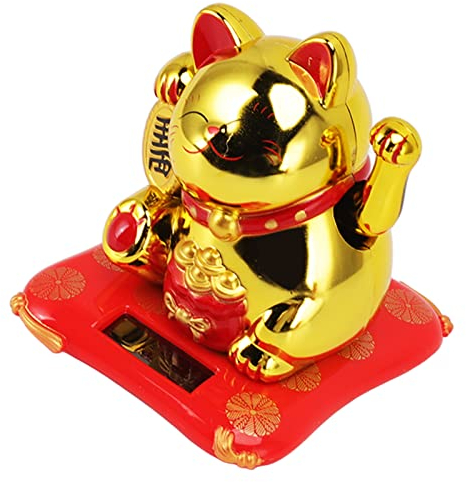 Solarbetriebene winkende Glückskatze, Chinesische Glückskatze mit winkendem Arm Solar-Glückskatzen-Statue, winkende Glückskatze mit winkendem Arm für die Dekoration von Front Desk (Segensbeutel Gold)