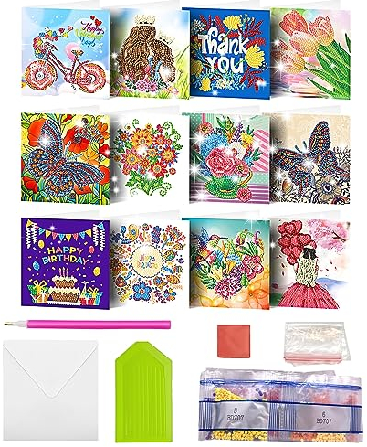 MEDOYOH 12er-Set DIY Diamond Painting Grußkarten mit Umschlag, Diamantmalerei Blanko Kunstkarten für Geburtstag Muttertag Weihnachten Jubiläum Erntedankfest, Mädchen und Blumen (08)