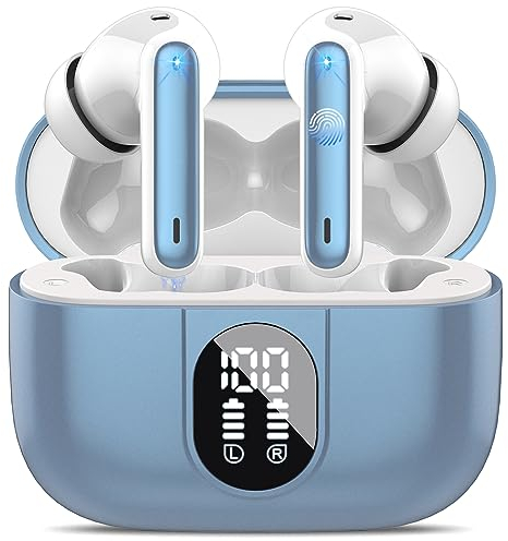 Csasan Auriculares Inalambricos, Auriculares Bluetooth 5.3 HiFi Estéreo con HD Micró, Pantalla LED Cascos Inalambricos Reproducción de 40H, Control Táctil, IPX7 Impermeable, Carga Rápida USB-C, Azul