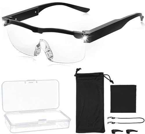 Sunshine smile Gafas de lupa con luz ganadora de pruebas, gafas de lupa con luz para usuarios de gafas, gafas de aumento 300% con 2 luces LED, gafas de lupa para personas con gafas