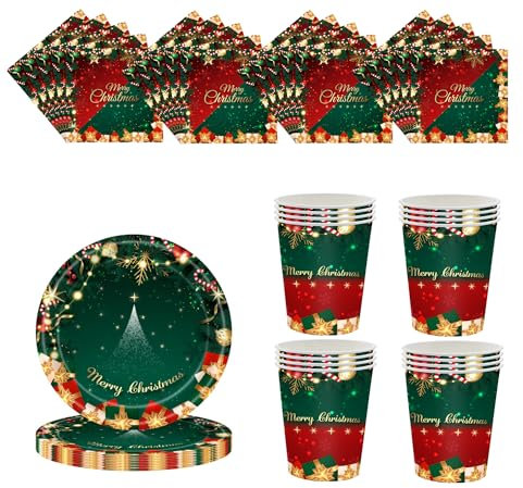 Christmas Party Red Green Tableware Set Decor,20 Paper Napkins 16 Paper Cups 16 Paper Plates,Disposable Paper Dinnerware Christmas Decorations for Him,Her,Adults Party,Kids Xmas Party Favor Tableware