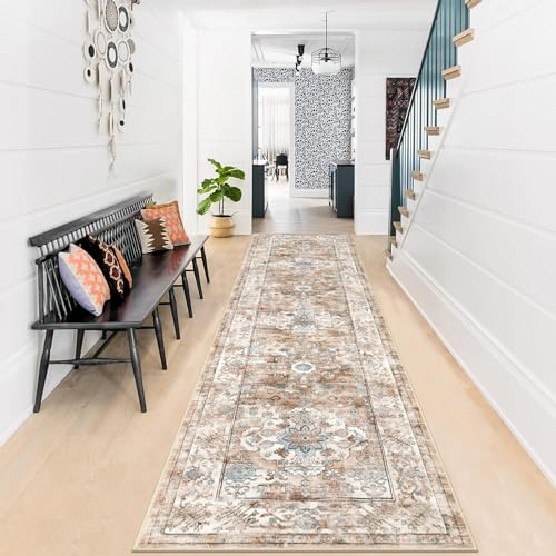 Enyhom Teppich Läufer, 60 x 240 cm Extra Lange Läufer Teppiche für Flur rutschfest Waschküche Maschine Waschbar Küche Bodenmatte für Eingang Schlafzimmer Treppe Badezimmer, Cremefarben