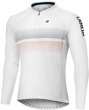 LAMEDA Men's Cycling Jersey Long Sleeve, Breathable Moisture Wicking Bike Shirt, Lightweight Biking Shirt with 3 Rear Pockets, White, S