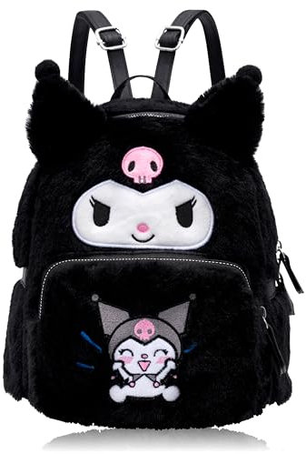 Roffatide Fuzzy Kuromi Rucksack Plüsch Cartoon niedlichen Rucksack für Frauen Kawaii Lightweight Stickerei Flauschige Tasche täglich Rucksack Schwarz