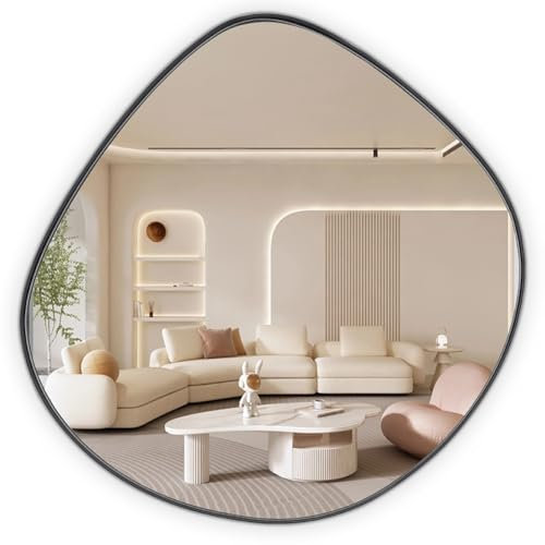 Warmiehomy Bathroom Mirror Irregular Asymmetrical Mirror with Black Frame Wall Mounted Pebble Mirror for Living Room, Bathroom, Bedroom, Entryway Wall Decor 76x75cm