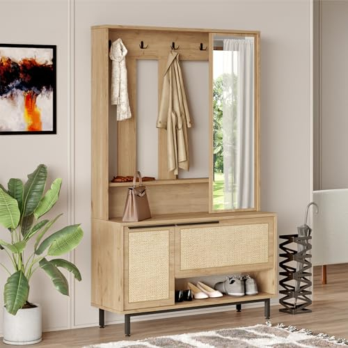 [en.casa] Kompaktgarderobe Kvænangen Kleiderständer Garderobenständer Garderobenschrank mit Spiegel Garderobe 178 x 112 x 36 cm Garderobenregal mit Schuhschrank Flurgarderobe in Eiche/Rattanoptik