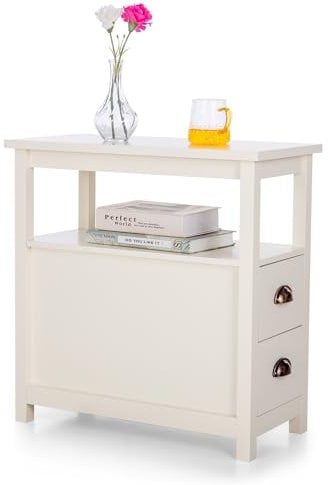 MAISON ARTS Narrow End Table with 2 Drawers and Storage Shelf Nightstand Side Table Bedside Table Small Sofa Table for Living Room Bedroom Ivory