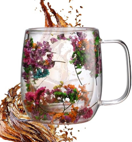 xowwyue Getrocknete Blumen-Tassen, Glasbecher mit getrocknetem Blumen-Design für Kaffee, hitzebeständig, doppelwandig, für trockene Blumen, Kaffeetasse für Tee, Espresso, Kaffee