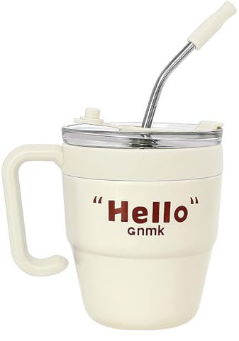 Gobelet de voyage de 480 ml avec poignée isotherme avec couvercle et paille en acier inoxydable à double paroi étanche (blanc)