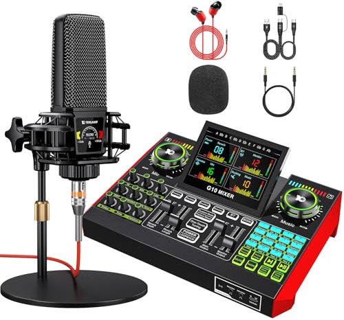 Podcast Microphone Bundle with Live Sound Card Audio Mixer, Podcast Equipment Bundle with 3.5mm Condenser Mic for Pc/Phone Live Streaming Singing Gaming,Podcast Equipment with Voice Changer, Denoise