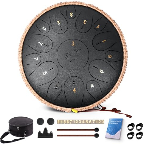 Steel Tongue Drum, 12 Zoll 15 Note Tongue Drums, C Key Steel Percussion Instrument for Kid's Adults, Handpan Drum with Drum Mallet, Music Book and Carry Bag (Black)