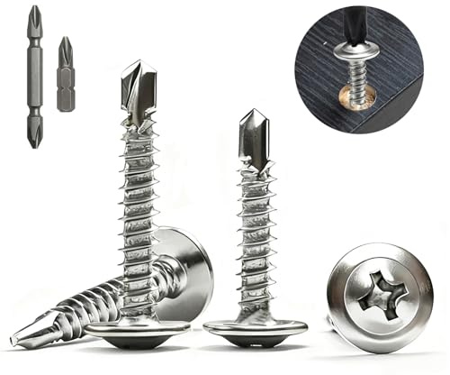 Hexizexi 100 Piezas Tornillos Autorroscantes 4.2x38 mm Tornillos Roscachapas Inoxidable 410 con 2 Brocas para Madera Acero