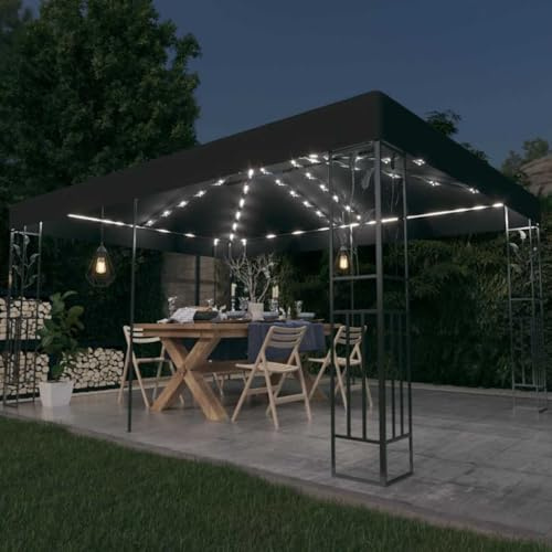 HaoChrymec Pavillon mit Doppeldach & LED-Lichterkette,Pulverbeschichteter Stahl,100% Polyester mit PA-Beschichtung,Sonnenschutz & Beleuchtung,Grillpavillon Winterfest,Zelt Pavillon,Anthrazit,3 x 4 m