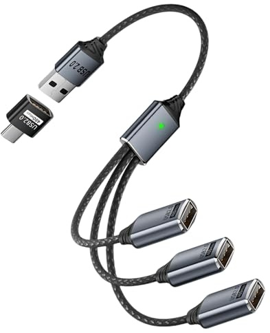 Leloco USB 2.0 Splitter 1 zu 3, USB A Stecker zu 3 Buchse Mit Adapter, USB Y Kabel Verteiler Strom und Daten Übertragung für Mobiltelefone, Mac, Auto, PS4, Laptop usw