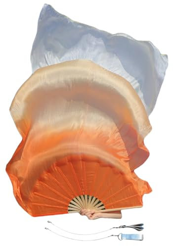 Winged Sirenny Paar Handgemalt Fächerschleier Voi, Fächer-Poi aus Echte Seide 150cm, Fächerschleiertanz Bauchtanz seide (orange Farbverlauf)